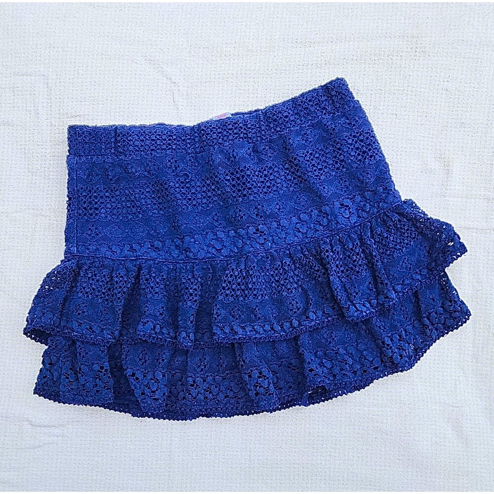 Justice Girls Blue Lace Floral Ruffle Skort Shorts Size 14 Pull On Elastic